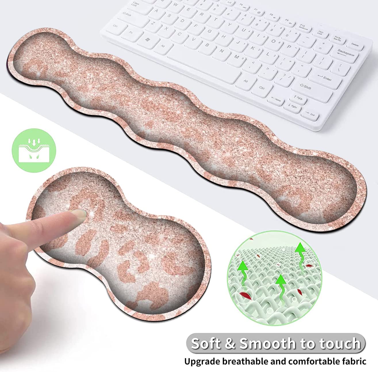 Großes Mauspad und Gel-Maus-Handgelenkauflage + Memory-Schaum-Tastatur-Handgelenkauflage-Set, rutschfeste Gummiunterseite für Büro, Zuhause, XXL-Leoparden-Sternmuster, rosa Schreibtischunterlage