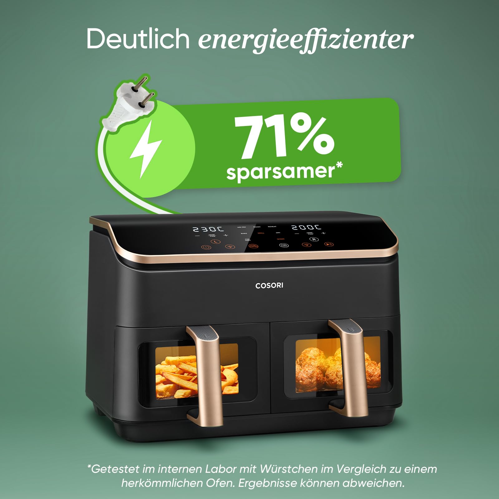 Cosori Heißluftfritteuse 8,5L 2 Kammern mit Sichtfenster NTC-Tech Gold R903
