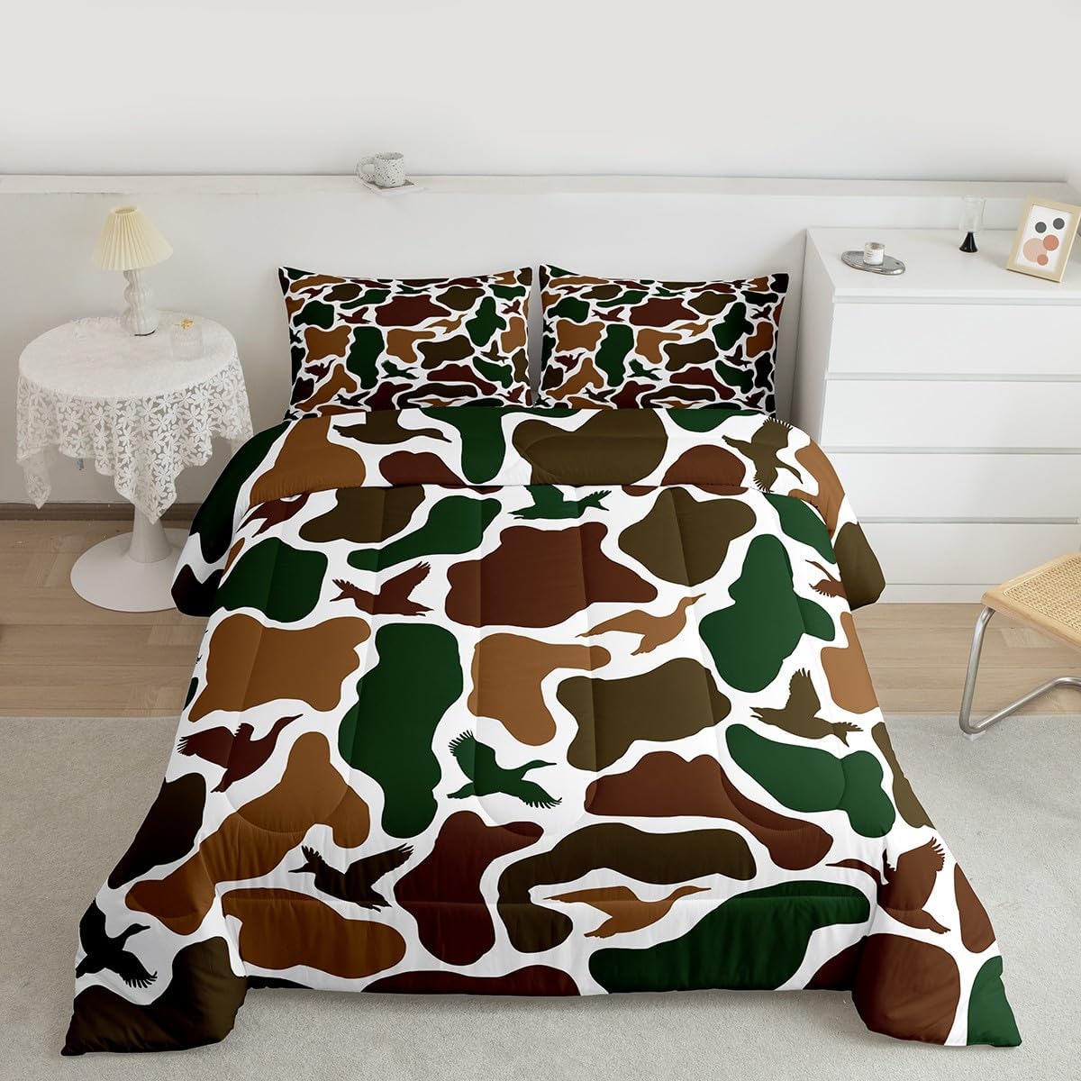 Erosebridal Camo Army Comforter Set Full Size Hunting Duck Bedding Set for Adults Teens Military Camouflage Comforter Wild Farmhouse Woodland Quilt Bedroom Decor