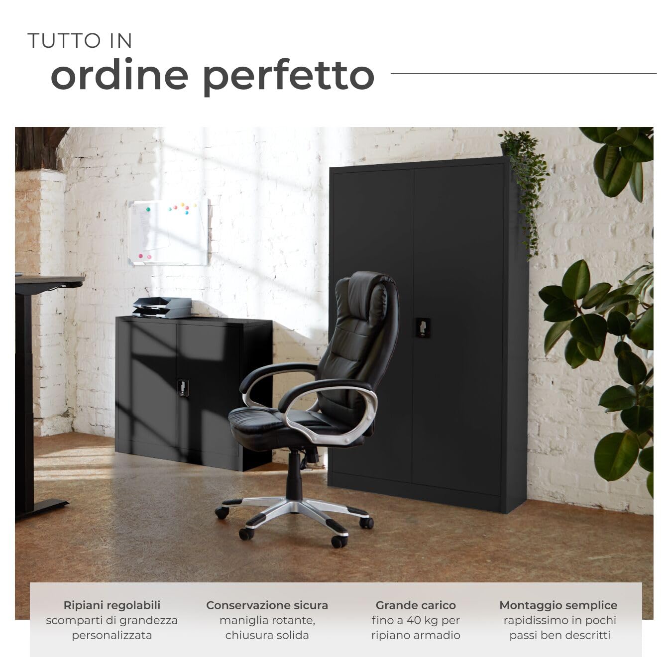 tectake® Armadio Portadocumenti, Armadio Multiuso 4 Scomparti, Ante a Battenti Rinforzate, Chiusura con Serratura a Cilindro, Acciaio di Alta Qualità Verniciato a Polvere, 140x90x40 cm - Nero