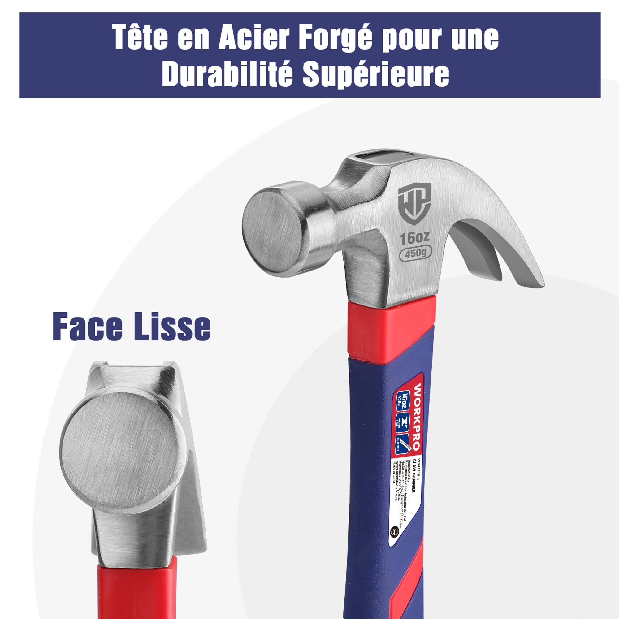 WORKPRO Lot de 2 Marteaux de Charpentier avec Arrache-Clou et Manche en Fibre de Verre, Marteau à Griffes pour Travaux du Bois, Rénovation et DIY