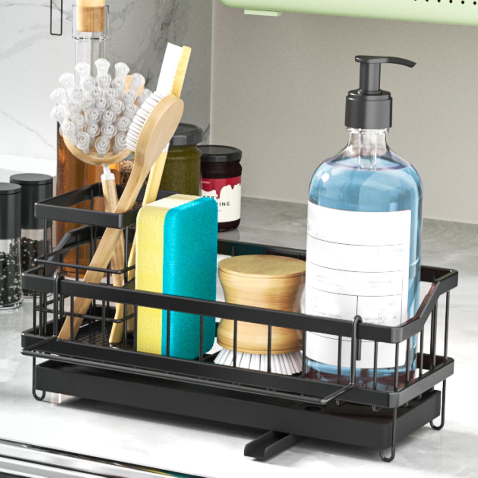 Organiseur d'évier, Porte Eponge Evier Cuisine en Acier Inoxydable avec Porte Brosse Amovible, Séparateur Amovible, Rangement et Organisation de Cuisine, Noir