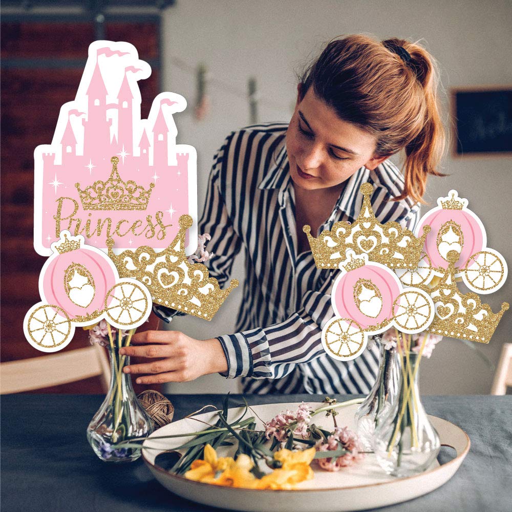 Big Dot of Happiness Mała korona księżniczki – różowe i złote patyczki na baby shower lub przyjęcie urodzinowe – nakładki na stół Showstopper – 35 sztuk