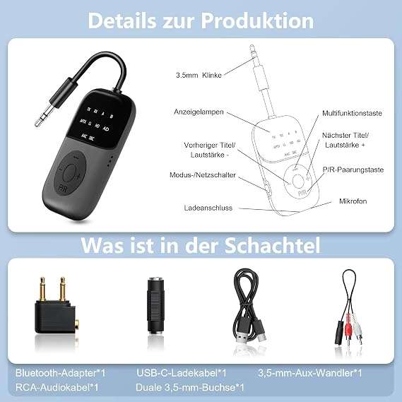 2 in 1 Bluetooth 5.4 Transmitter Adapter, 24 Hours Playtime, aptX Low Latency Airfly Gadgets, Bluetooth Receiver, 3.5 Jack Transmitter for Airplane, Airpods, Headphones, TV