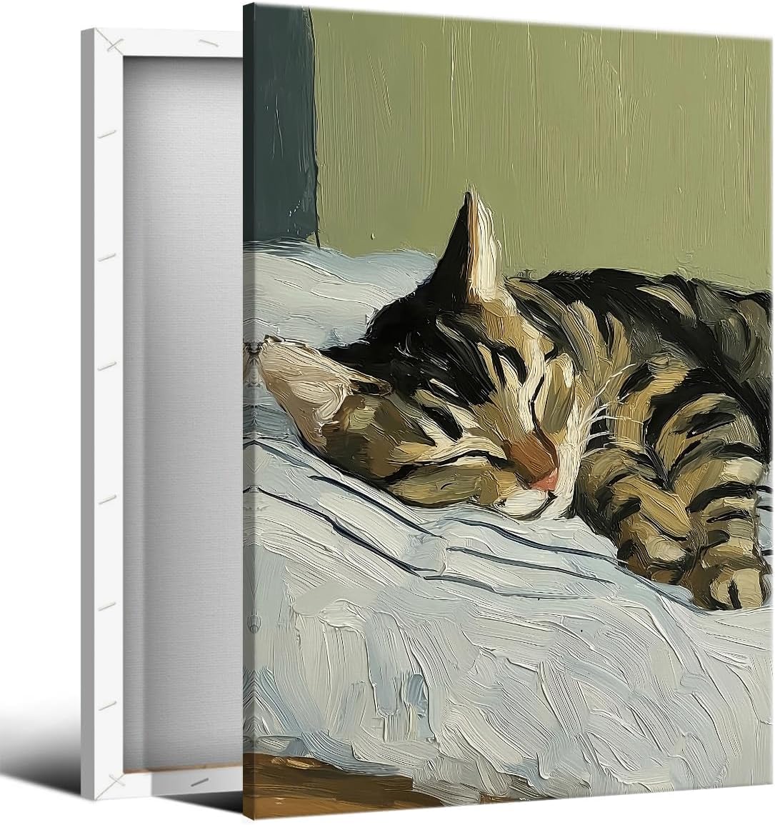 Sleeping Tabby Cat Canvas Wall Art, Cat In Bed Painting Poster, Cute Animal Dark Green Picture for Kids Baby Room, Peaceful Muted Animal Wall Decor for Bedroom Dorm 12x16in Wrapped Canvas