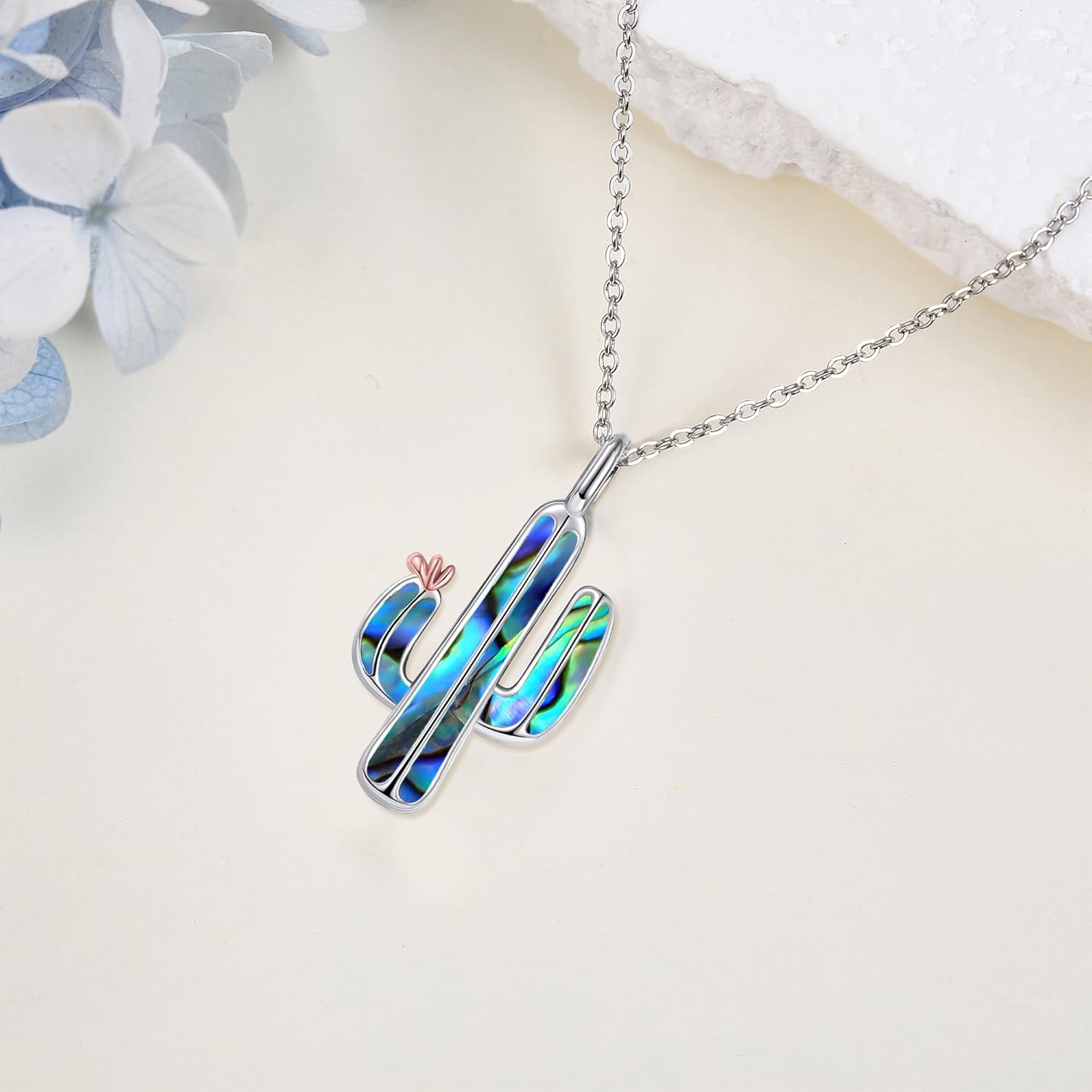Cactus Necklace 925 Sterling Silver Turquoise/Birthstone/Abalone Shell Pendant Necklace Plant Nature Jewelry Mothers Gifts for Women Mom Grandma Cactus Lover - Image 5