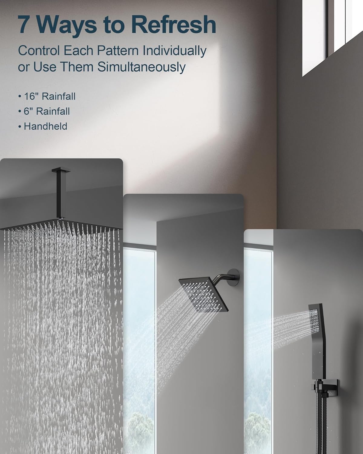Dual Rainfall Shower System: Bathroom Ceiling Mount 16" Shower Head & 6" Shower Head with Handheld Sprayer, Shower Faucet Set with Valve, Matte Black
