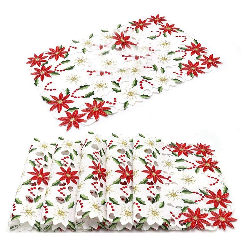 Schwamm Placemats Set of 6 Embroidered Christmas Poinsettia & Holly Design, 11x17 Inch Christmas Table Decor