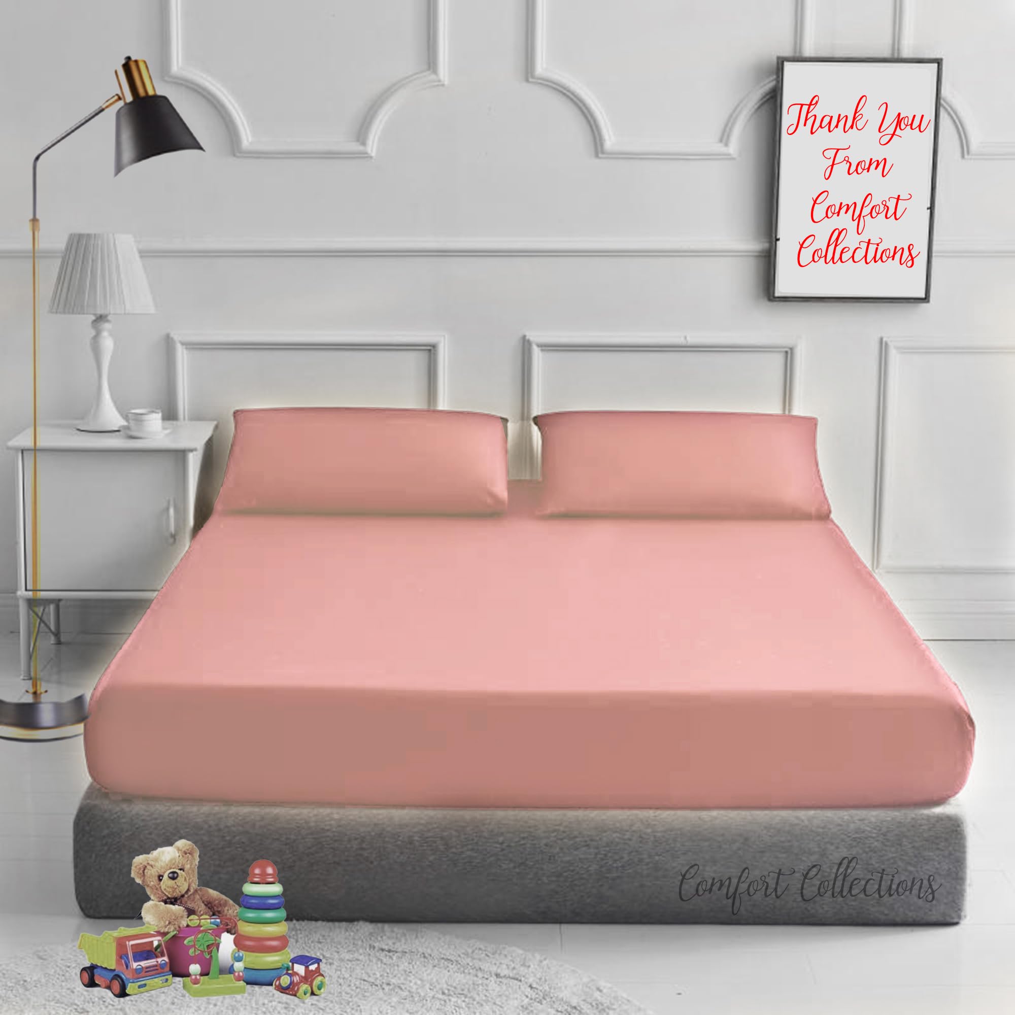 Comfort Collections Plain Dyed Easy Care Poly Cotton Flat and Fitted Sheet Set with Pillow Case Bedding Set (Peach, King)