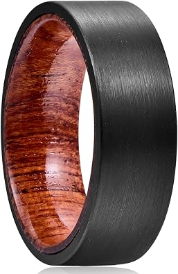 TUNGSTORY 8mm Mens Black Ring Tungsten Carbide Wedding Band Brushed Finish Wood Inner Comfort Fit Size 7-12