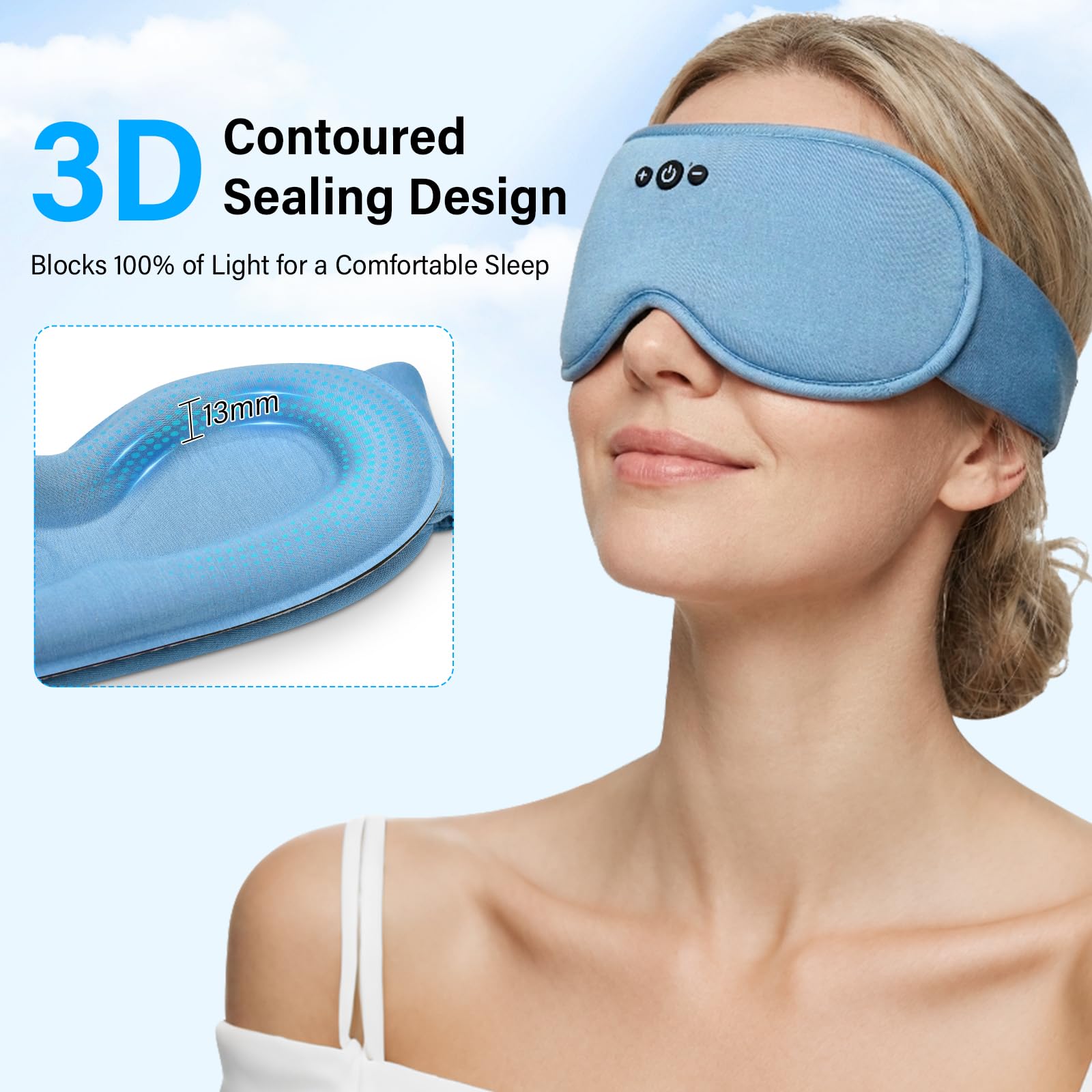 Maschera per dormire Bluetooth V5.4 3D senza fili 100% Blackout Cuffie anti rumore per dormire per uomo donna e per dormienti laterali/viaggi