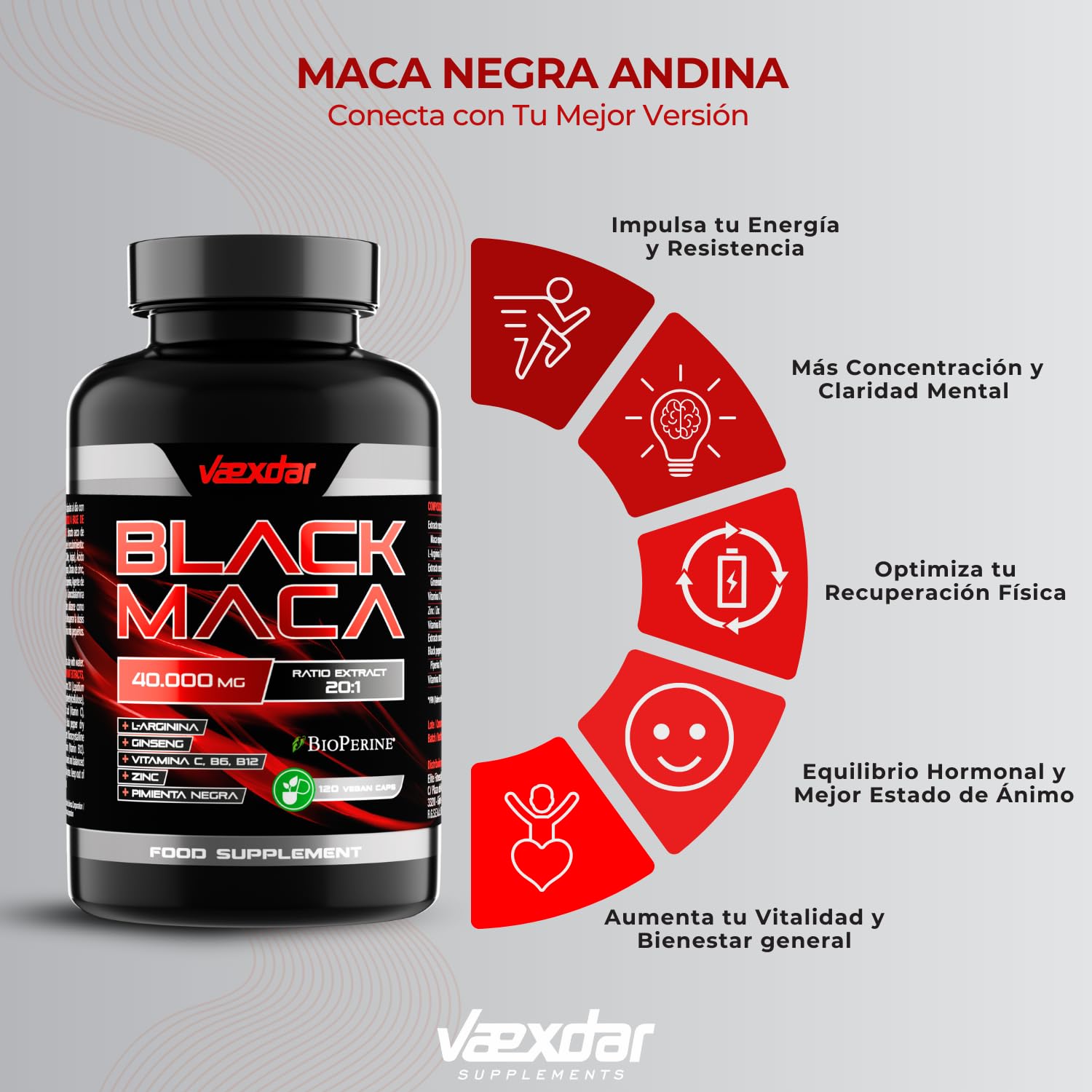 Maca Negra Andina 40.000mg - Extracto 20:1 - Maca Negra Peruana + L-Arginina + Ginseng + Zinc + Vitamina C, B6 y B12 - Alta Concentración - Potencia tu Energía y Vitalidad - 120 Cápsulas - Vaexdar
