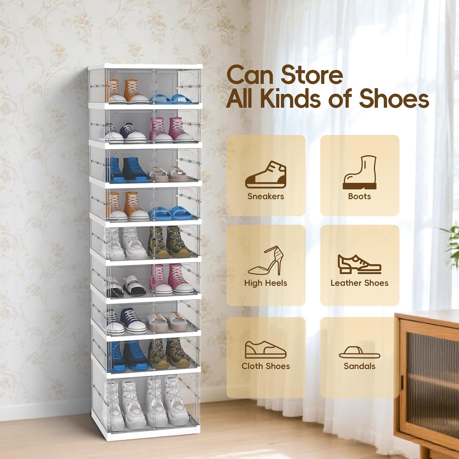 FAHKNS Foldable Shoe Rack 9 Tiers 18 Pairs Portable Plastic Shoes Rack with Magnetic Clear Door, Collapsible Shoes Storage Box for Entryway Living Room and Bedroom, White