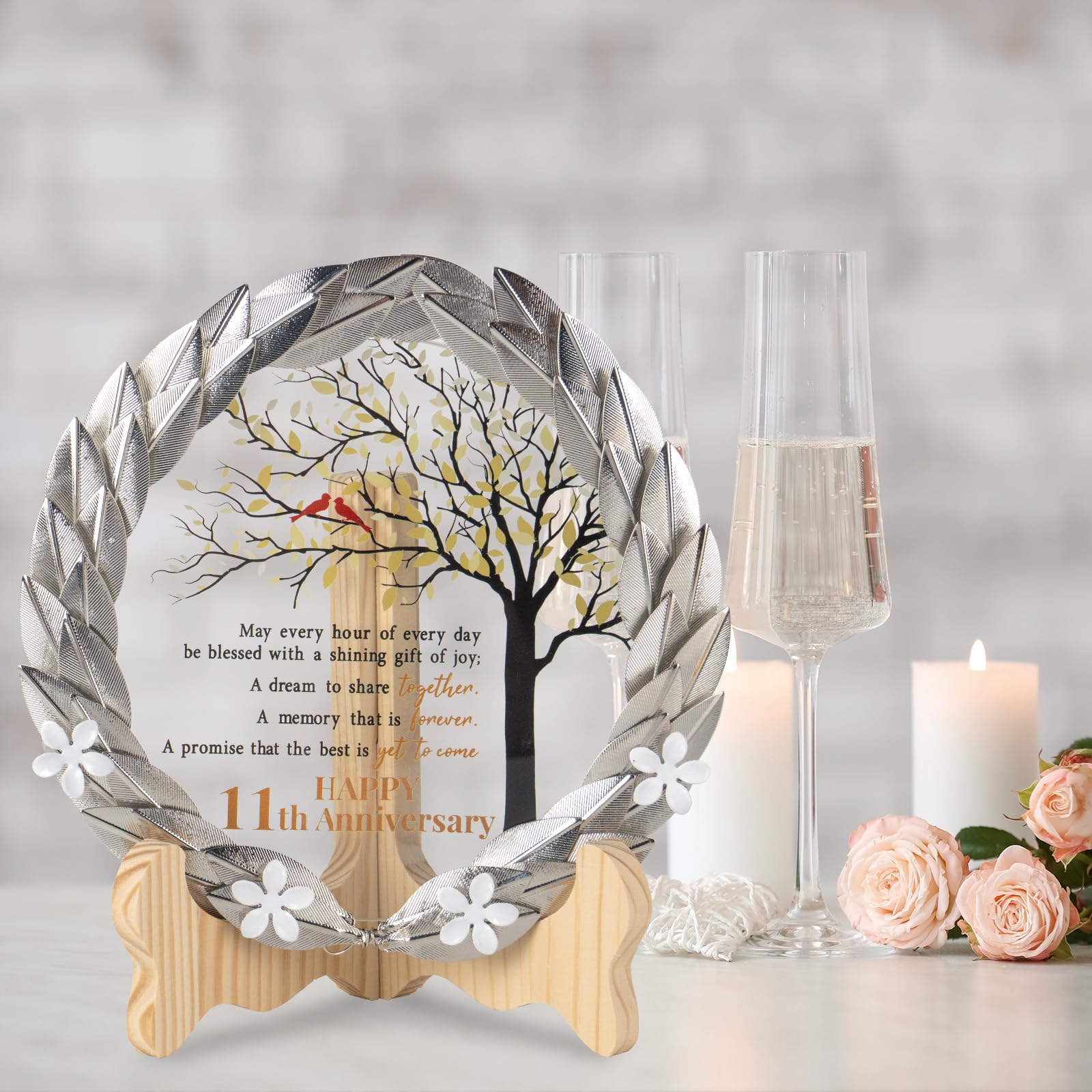 11th Anniversary Wedding Gifts Crystal Plate with Silver Leaf Wreath - 11 Years Anniversary Wedding Unique Gifts Ideas for Parents Couple - Cardinal Style