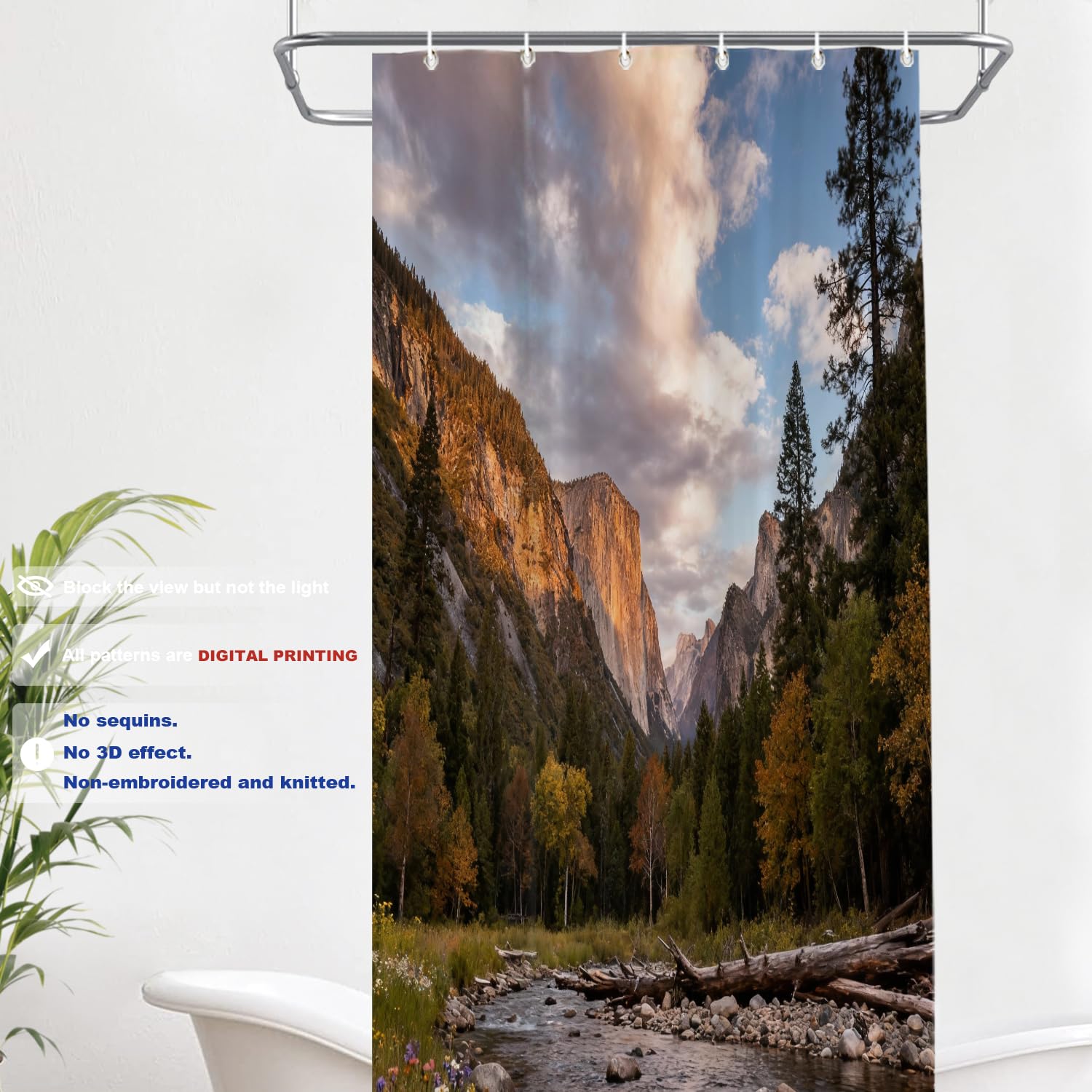Batmerry Cortina de ducha con diseño de paisaje salvaje verde savia, hermosa decoración de baño de fibra de poliéster, anillos de plástico de secado rápido, impermeable, para bañeras/baño, 72 x 36