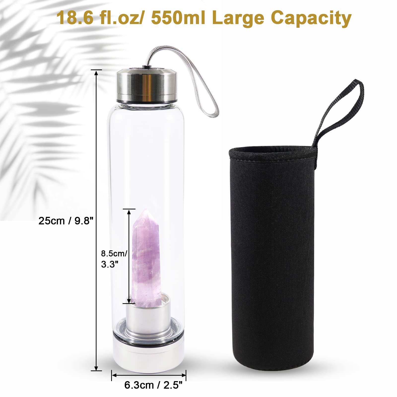 soulnioi Healing Crystal Glass Water Bottle Stainless Steel Water Bottle with Changeable Natural Crystal Point Center - Image 2