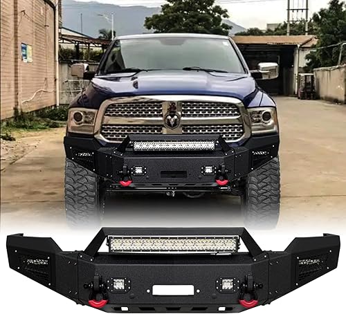 Parachoques delantero compatible con Dodge RAM 2500/3500 2003 2004 2005 con placa de cabrestante + 5 luces LED + anillos en D (no apto para