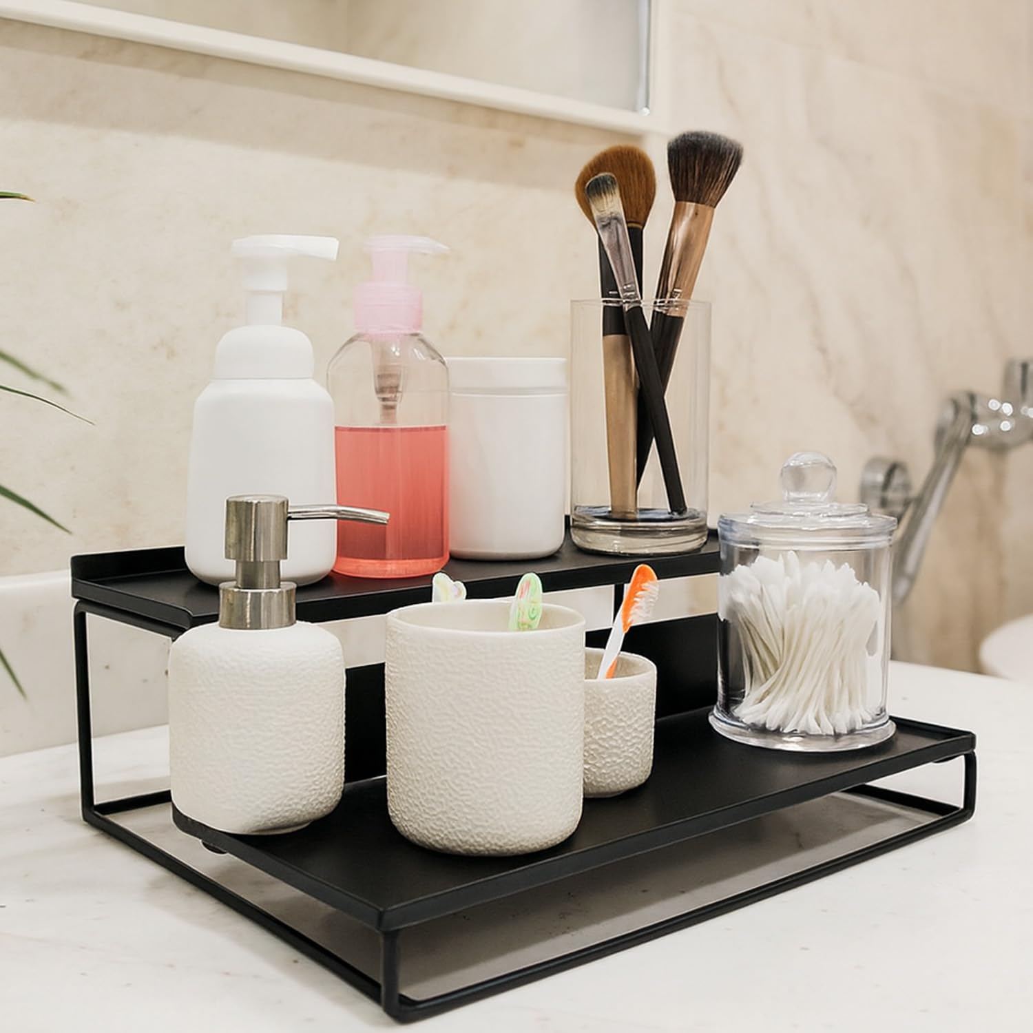 Go Hooked Metal Standing Rack 2-Tier Countertop Organizer | Spices Organizer | Bathroom Essentials | Vanity Storage | Decorative Use | Cosmetic Makeup Storage (Black, Pack of 1)