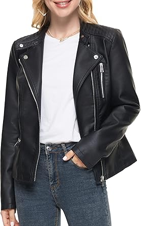 Fahsyee Leather Jacket for Women Faux Stand Collar Zip Up Motorcycle Short PU Moto Biker Outwear Coat