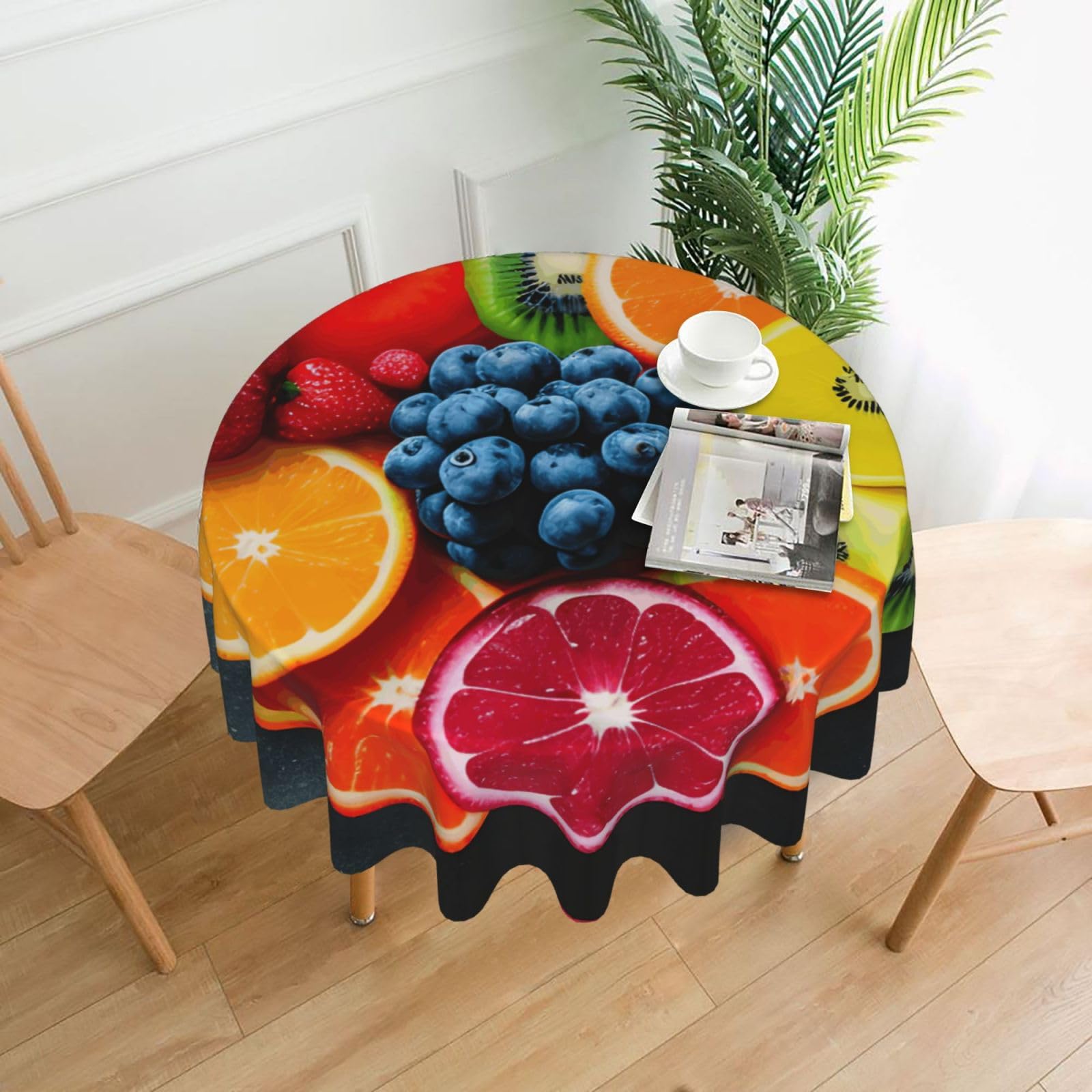 SDEGTHO Fruit Rainbow Print Modern Retro Round Tablecloth 60in Polyester Fabric Cover for Party Dining Table Washable