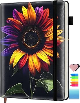 Lined Journal Notebook for Women Men, 200 Pages Hardcover Leather Journals for Writing, A5 Journaling Notebooks for Business Work School Note Taking, College Ruled Journal, Colored Sunflowers