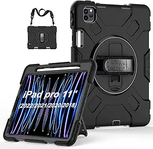 Miesherk STOCK iPad Pro 11 Case 2022 4th Generation/ 2021 3rd Gen: Military Grade Protective Silicone Cover for iPad 11 Inch 2nd Gen 2020/2018 W/- Stand- Handle- Shoulder Strap- Pencil Holder- Black