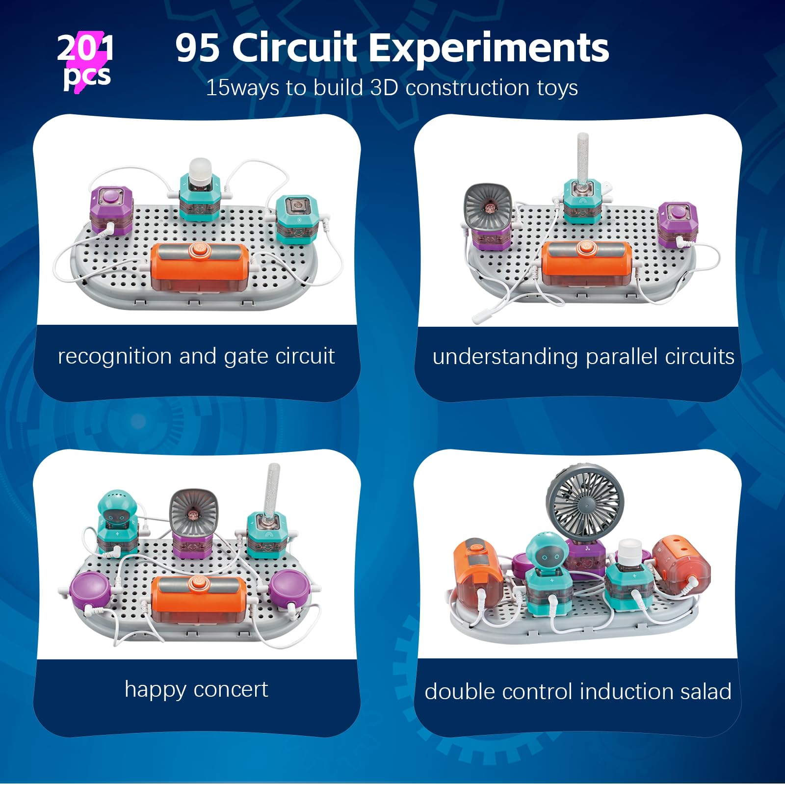 Kit STEM Elettronico da 8 Anni | 110 Esperimenti & 201 Componenti con Microfono/Infrarossi/Sensore Luce | 15 Modelli 3D & Guida Didattica | Set Elettrotecnico per Giocattoli Fisica