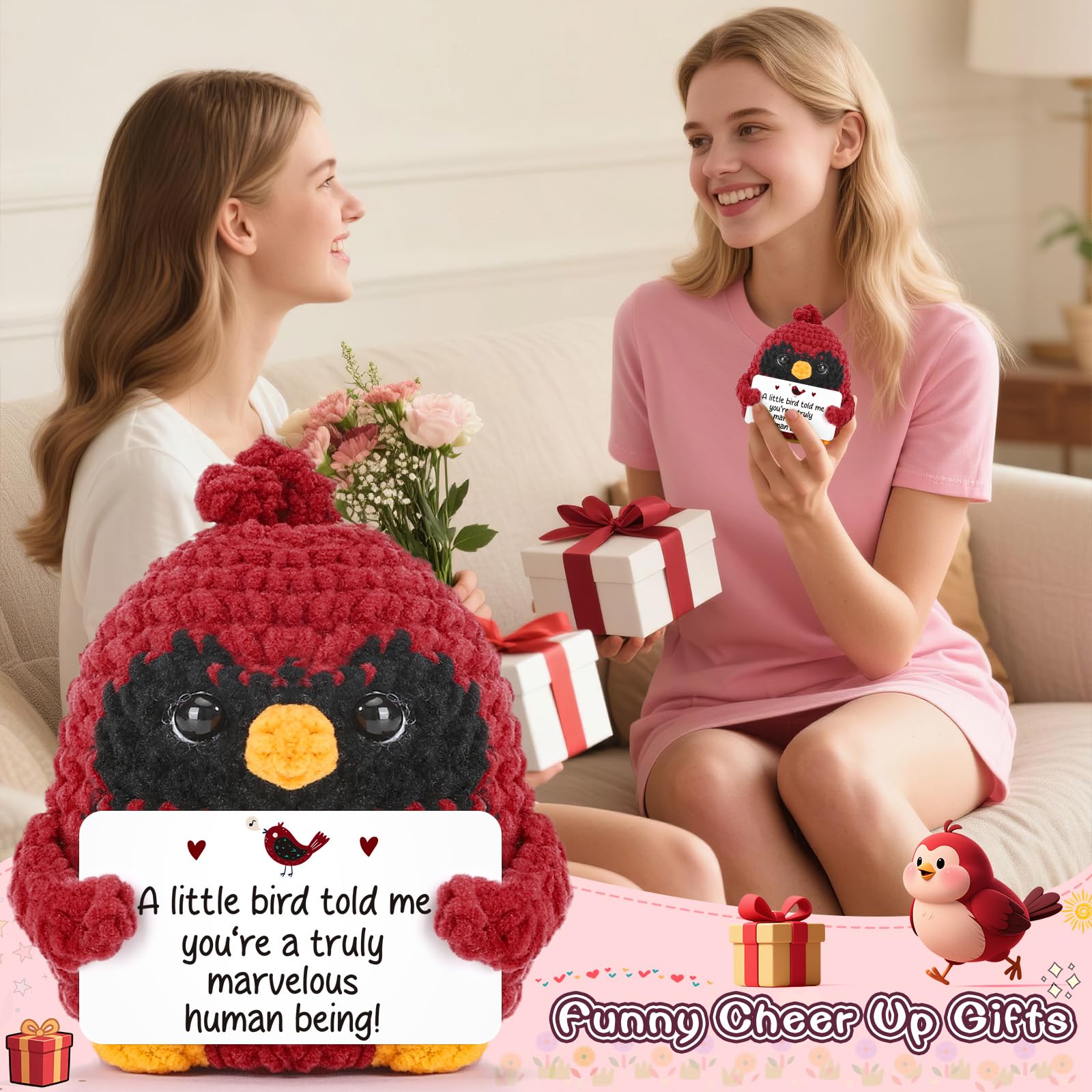 MY-ALVVAYS Mini Crochet Figurine Collectible Doll, Red Bird Thank You Gifts for Women, Teacher Appreciation Gifts Birthday Graduation, Woman Man Male Female Emotional Gifts
