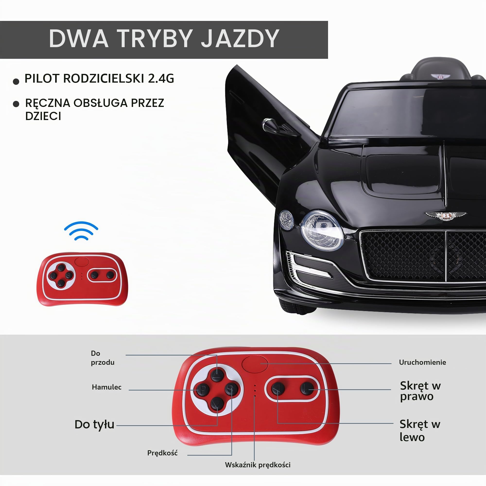 HOMCOM Pojazd elektryczny dla dzieci 2 silniki 108 l x 60 l x 43H cm pilot Efekty dźwiękowe + światło czarne Bentley