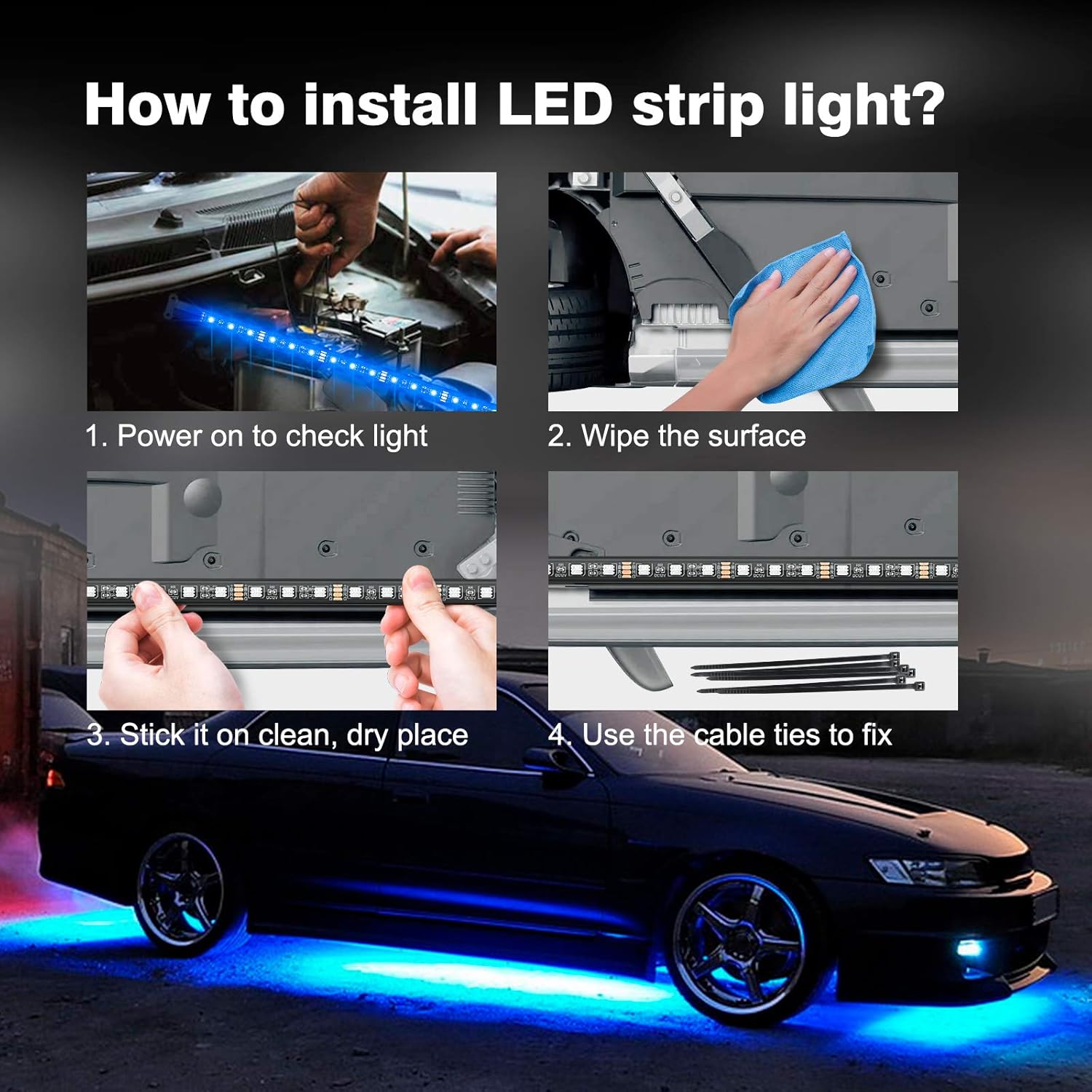 MICTUNING Car Underglow Lights, 4Pcs Bluetooth Lighting Kit with APP and Remote Dual Control, Waterproof 12V Exterior Underbody Neon LED Light Strips for All Cars,16 Million Colors, Music DIY Mode : Automotive