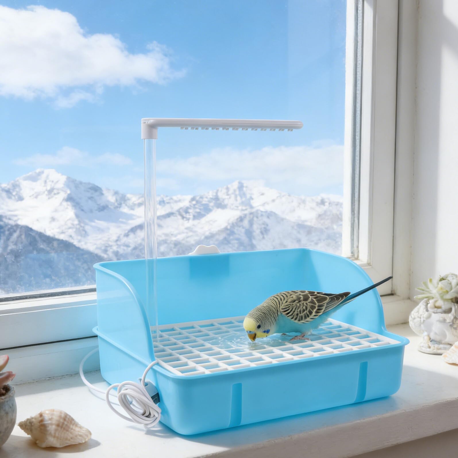 Gatuida Baño para Pájaros Ducha para Jaula, Bañera Interior para Loros y Periquitos, Accesorio de Plástico Azul Claro, Baño Portátil Sistema de Circulación de Agua para Mascotas Pequeñas