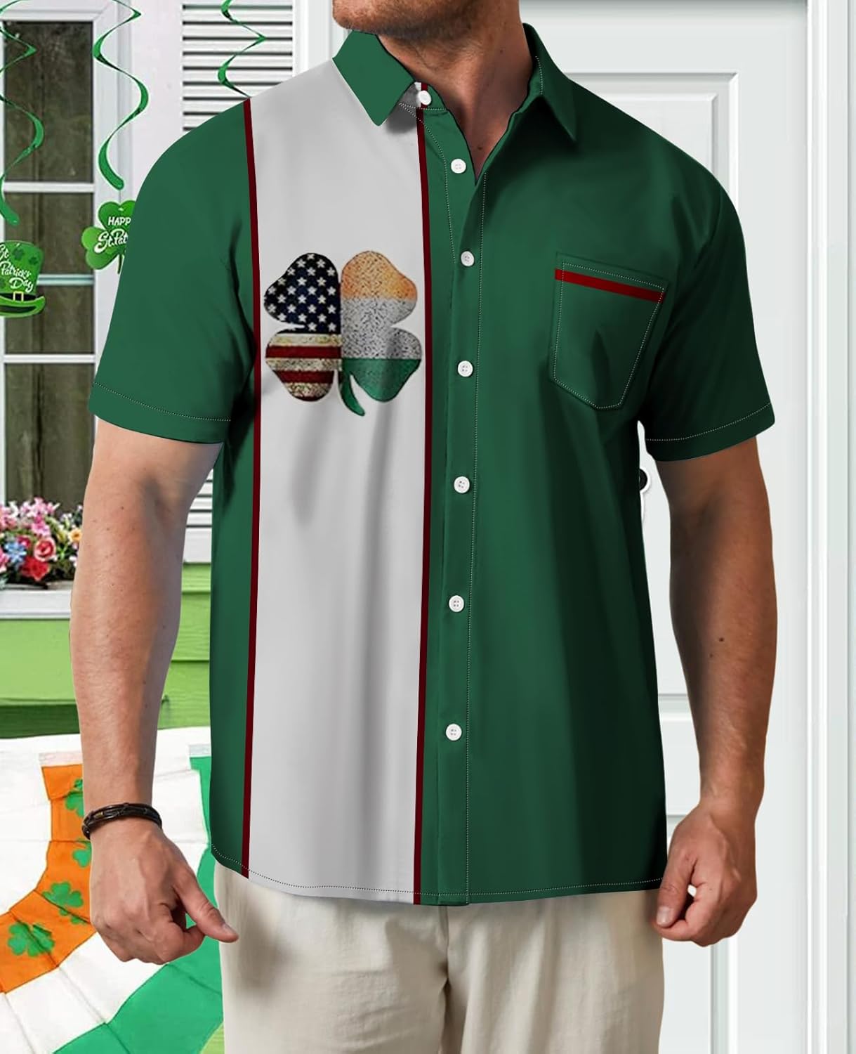 Mens 2026 ST Patricks Day Shirts Clover ST Pattys Day Funny Hat Dwarf Green Printed Short Sleeve Button Down Shirt - Image 3