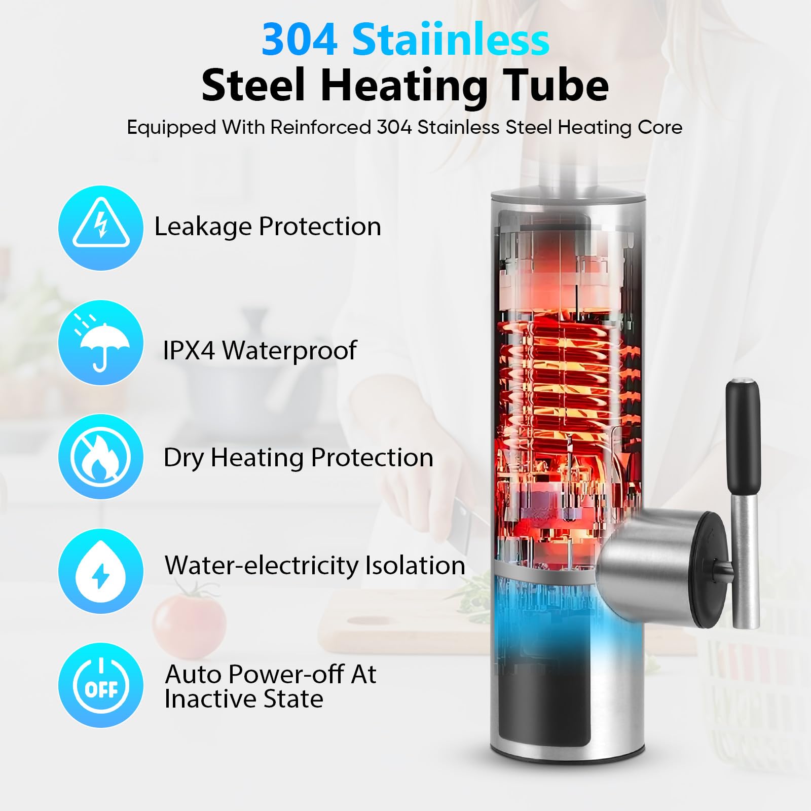 Robinet Chauffant, 3000W Chauffe-eau Instantané Electrique, Inoxydable Robinet Électriques de Cuisine avec Affichage de la Température LED et Tuyau en Silicone Rotatif à 360°, Max. 60℃