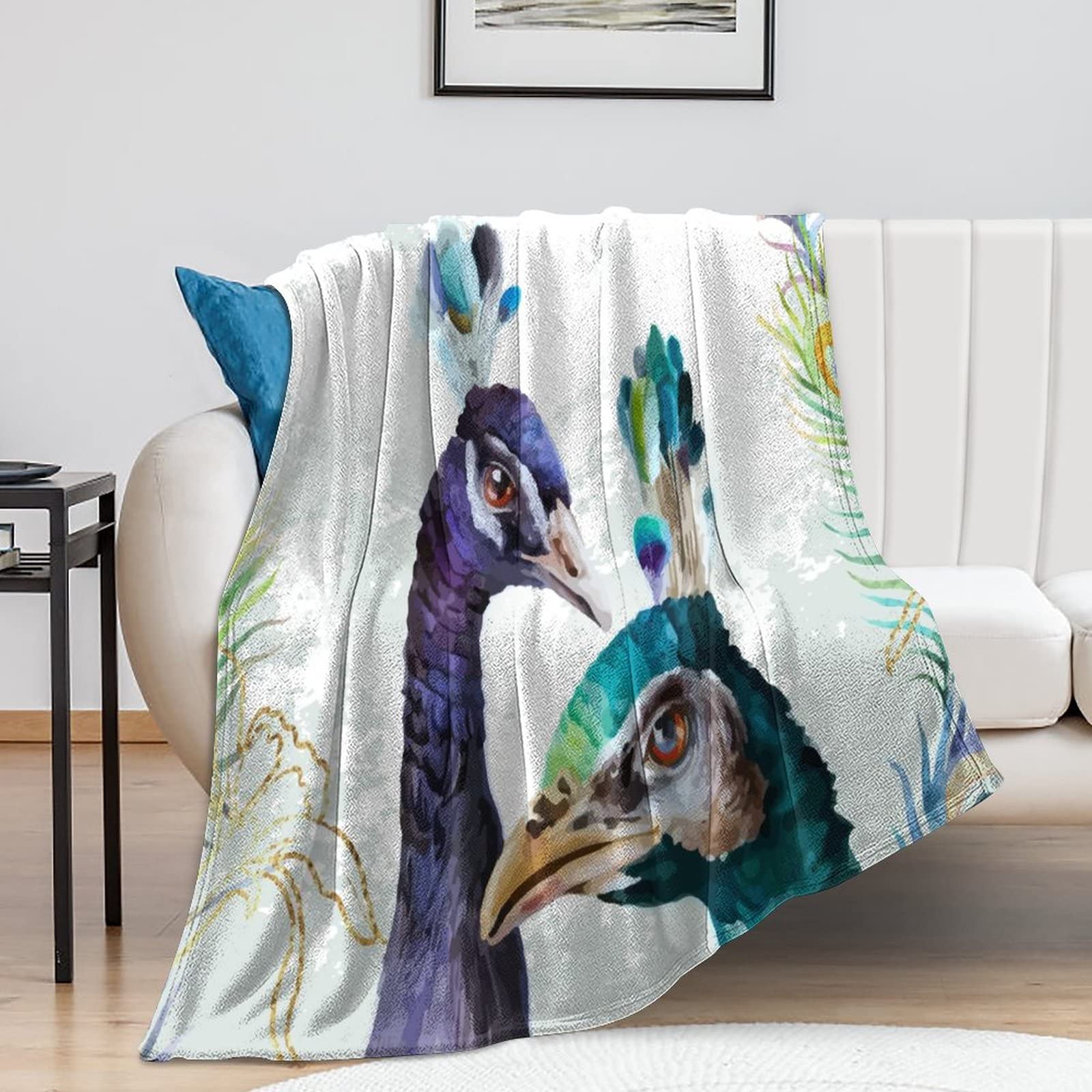 Couverture flanelle paon rétro 101x127 plaid peluche toutes saisons pour lit