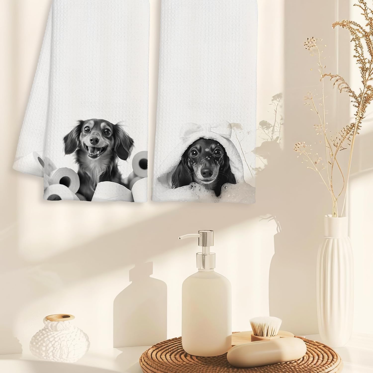Funny Dachshund Bathroom Hand Towels, Cute Weiner Dog with Bathrobe and Toilet Paper Decorative Hand Towels for Kids Bathroom Washroom Restroom, Dachshund Lover Gifts, 16x24 Inch Set of 2 image 3