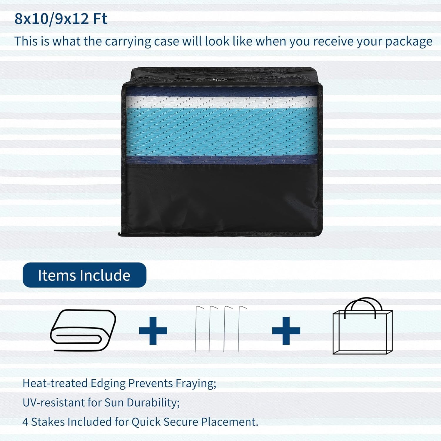 COZYLOOM Porch Rugs Outdoor Waterproof 8x10 Outdoor Camping Rug, Modern Striped Plastic Straw Rugs with Portable Bag, Reversible Foldable Outside Rug for Picnic Backyard Deck Balcony, Blue Tone