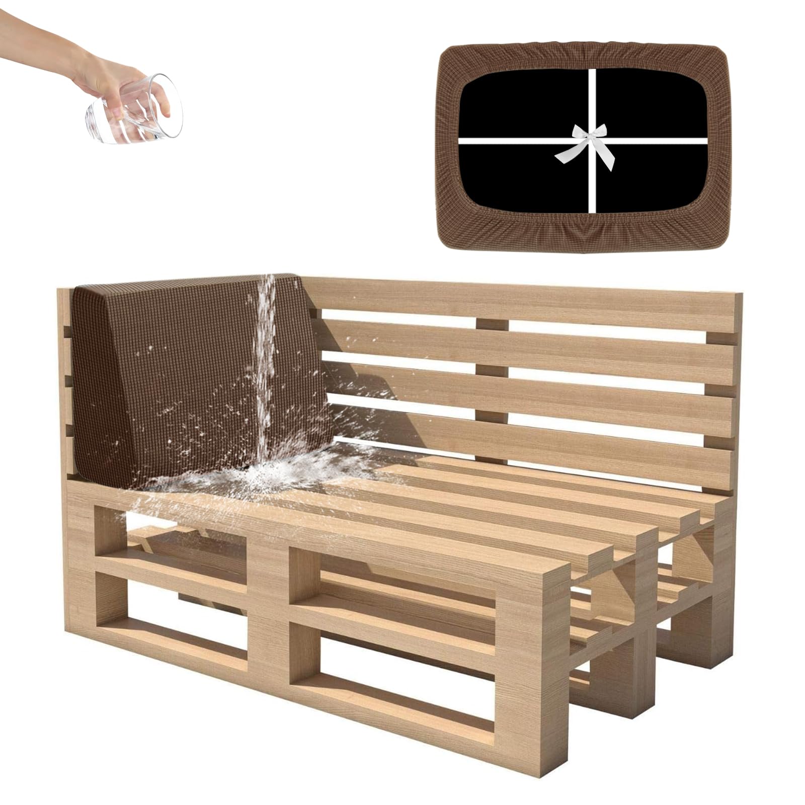SYLC Waterproof Pallet Cushions Covers, Stretch Cover for Pallet Furniture Cushions with 4 Ties, Outdoor Corner Sofa Covers for Rattan Patio Garden Caravan (Caramel,Corner Back 60×40×10/20)