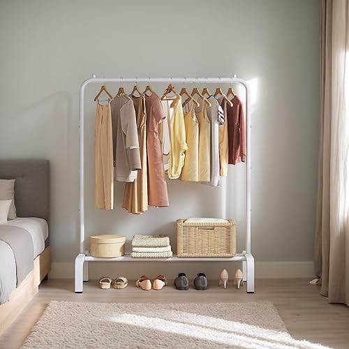 Miniatura 54 de JIUYOTREE Perchero de metal para ropa de 43.3 pulgadas con estante inferior, perchero para colgar ropa, abrigos, faldas, camisas, suéteres, gris