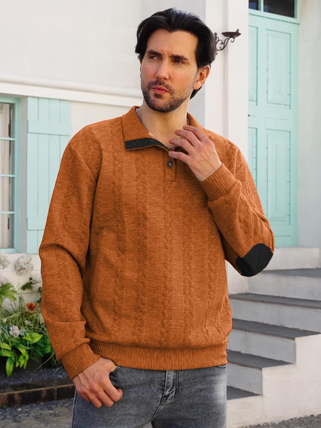 Mens Quarter Button Pullover Quilted Sweatshirt Knit Long Sleeve Mock Neck Sweater Polo - Image 3