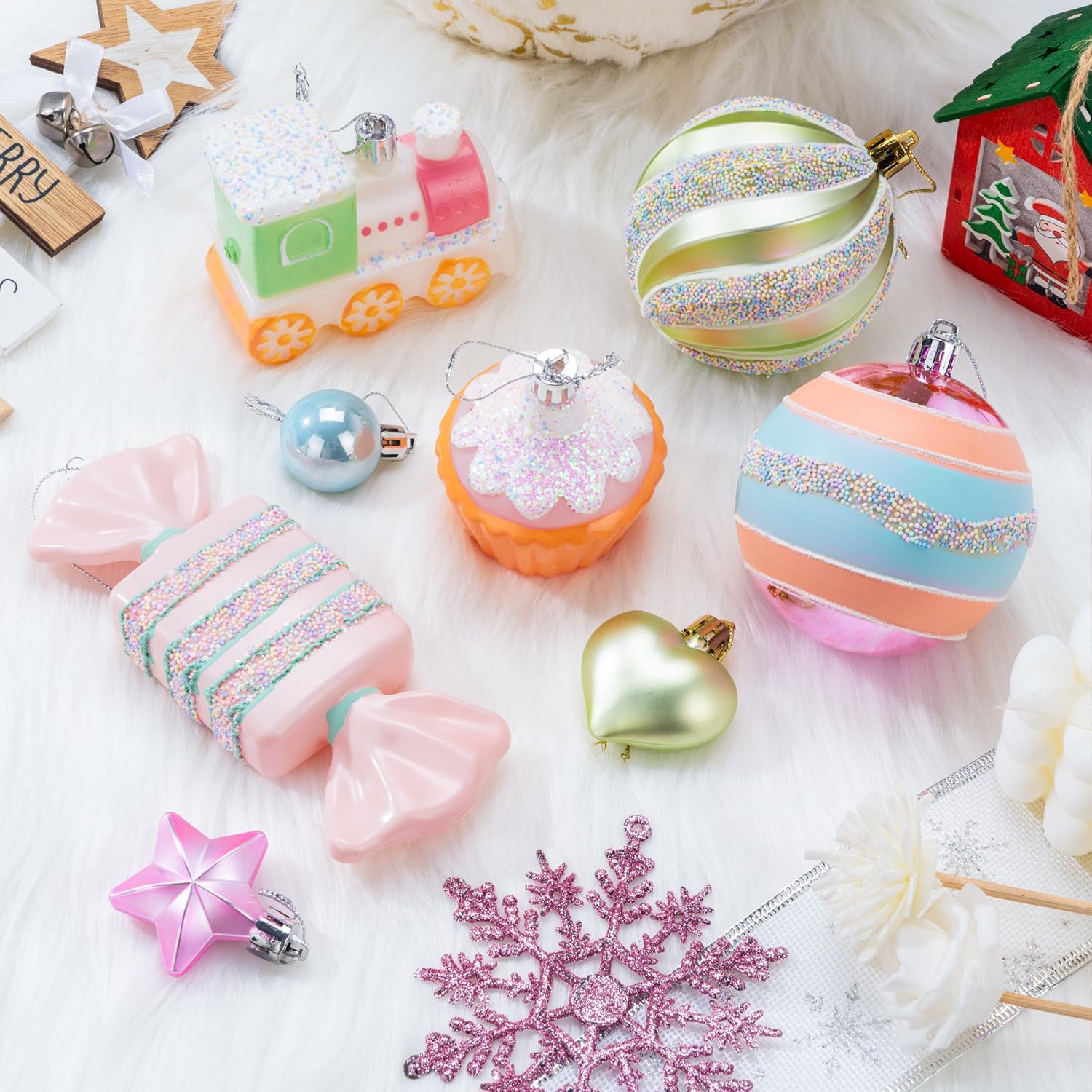 3.15" Pastel Candyland Christmas Ball Ornaments Set, 80 Pcs Cute Dessert-Themed Macaron Pink Xmas Tree Pendants with Cupcake, Train, Lollipop, Shatterproof Hand-Painted Bulk for Sweet Wonderland Party