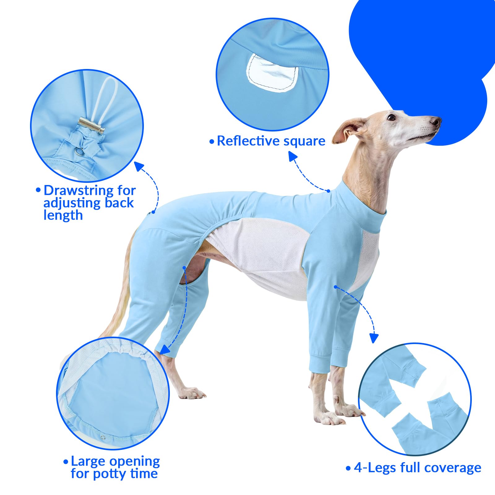 Onesie para Perros, Elástico Pijamas Postoperatorio de Verano Fresco Body Perro Post Cirugía con Cobertura Total Evita Que Se Lama & Cubre Las Heridas(Azul Claro, 2XL)