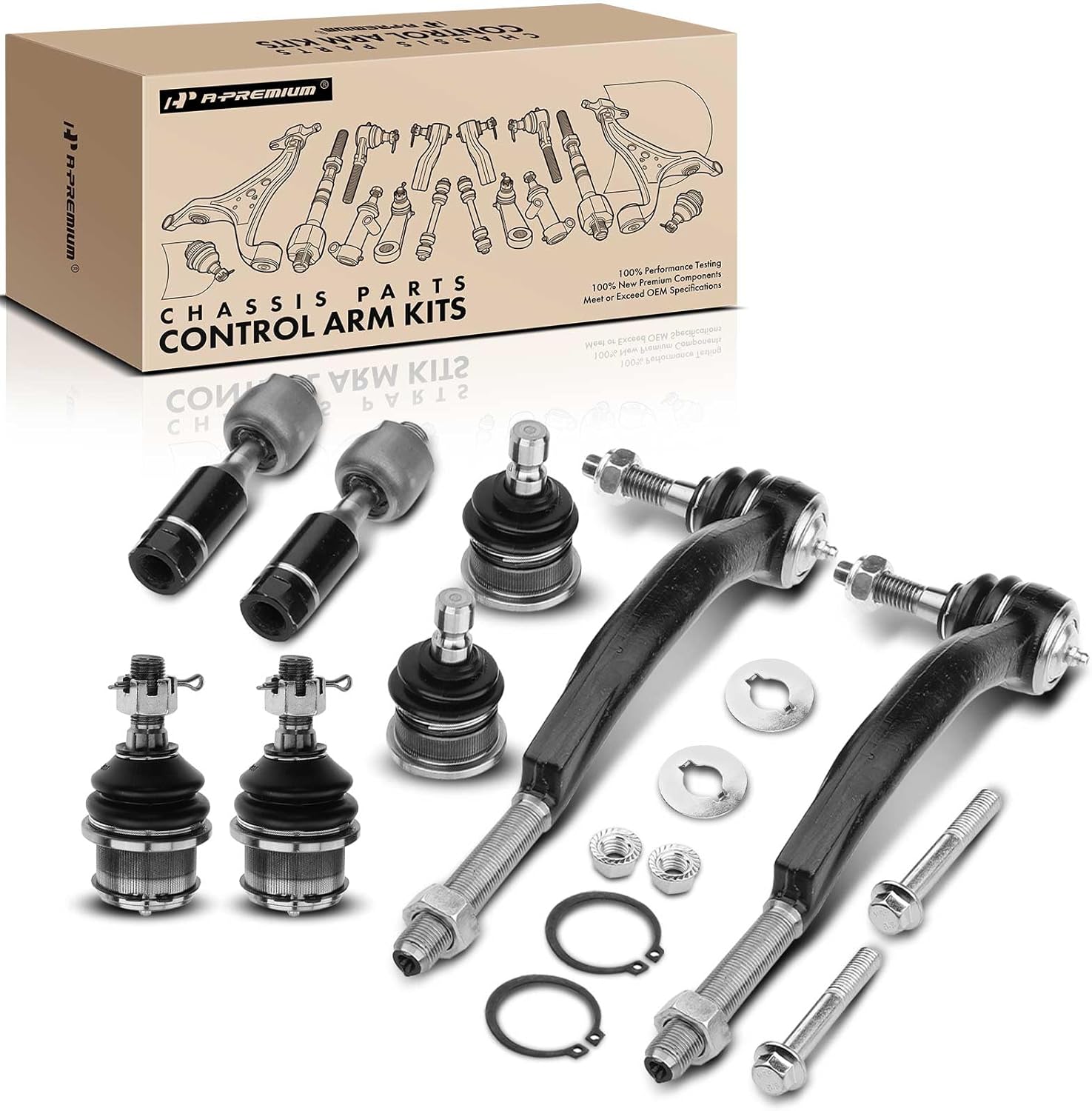 A-Premium Set of 8, Front Upper Lower Ball Joint, Inner Outer Tie Rod End, Compatible with Chevrolet Trailblazer SSR GMC Envoy Buick Rainier Saab 9-7x Isuzu Ascender Oldsmobile Bravada