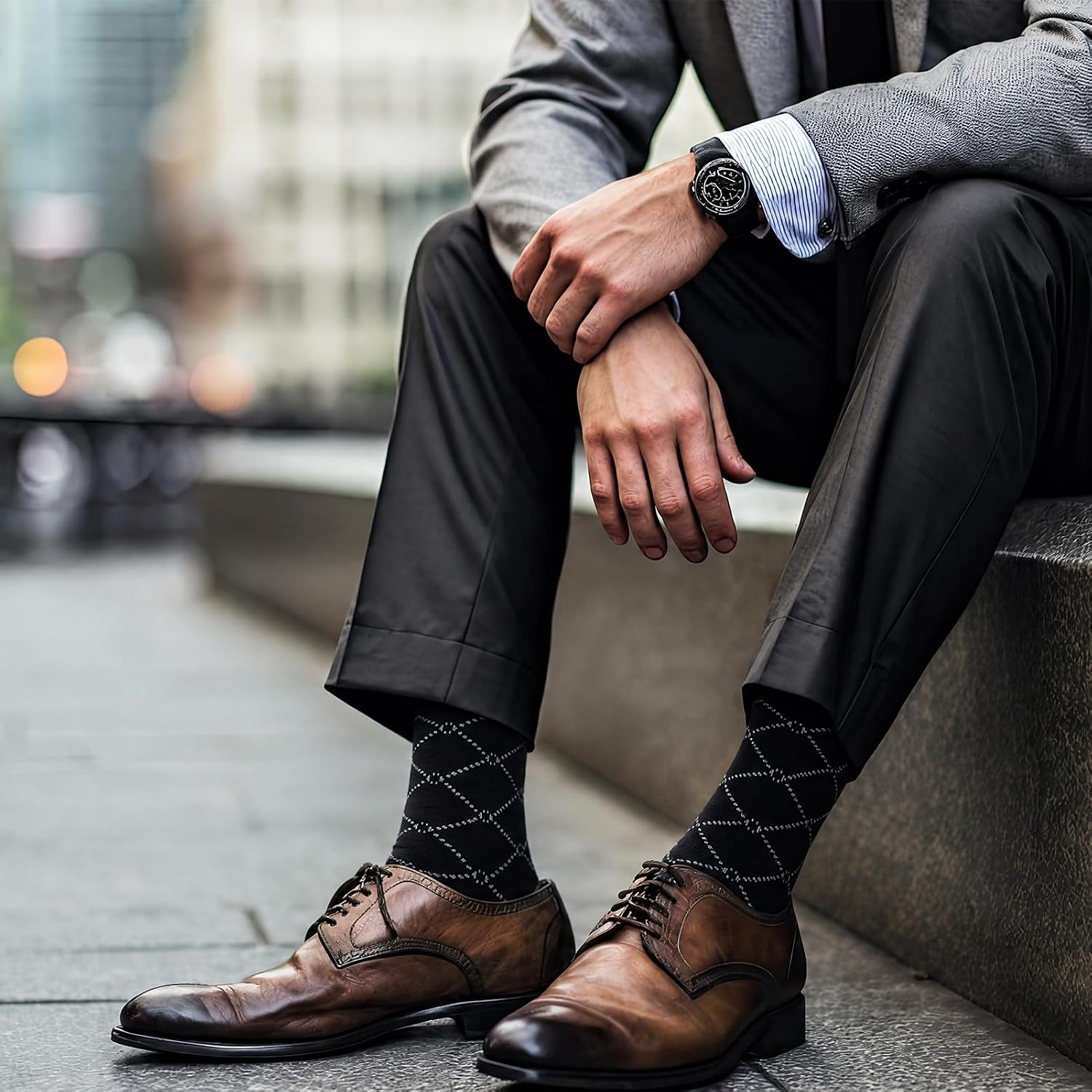 Mens Dress Socks, 6 Pairs Classic Dress Crew Socks Business Casual Cotton Sock Birthday Gift for Fathers Day