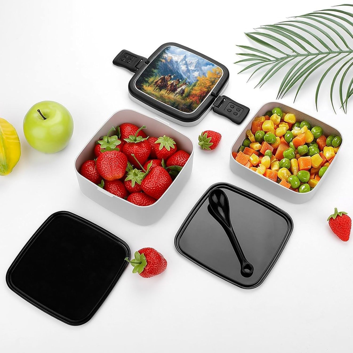 Native USA Tribal Indian Bento Box with Spoon 2 Layer Food Container Cute Lunch Box for Travel Dining Work