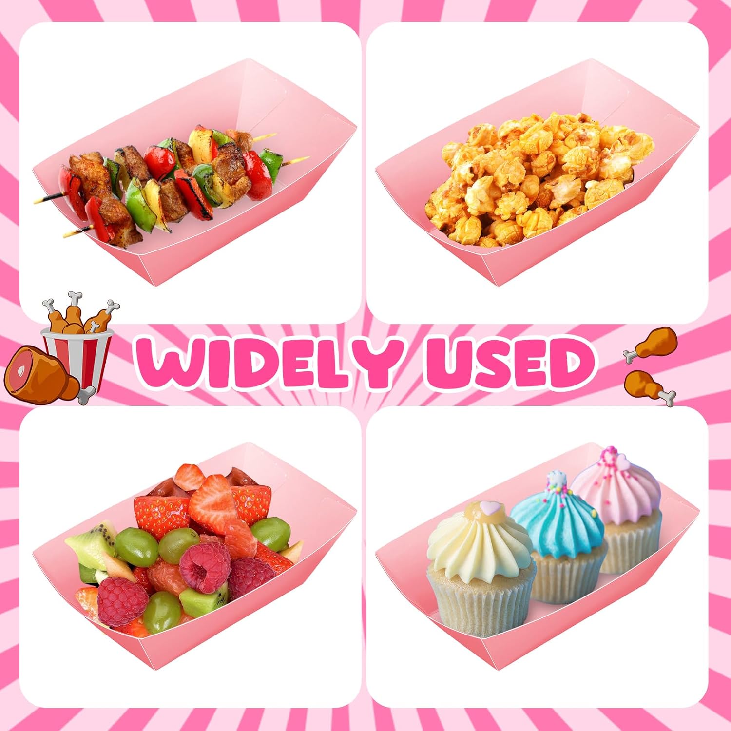 Uiifan 300 Pcs Paper Food Boats Disposable Paper Food Tray Grease Resistant Disposable Serving Tray Cardboard Hot Dog Holder for Burgers Fries Sandwiches Picnic Party (Pink)