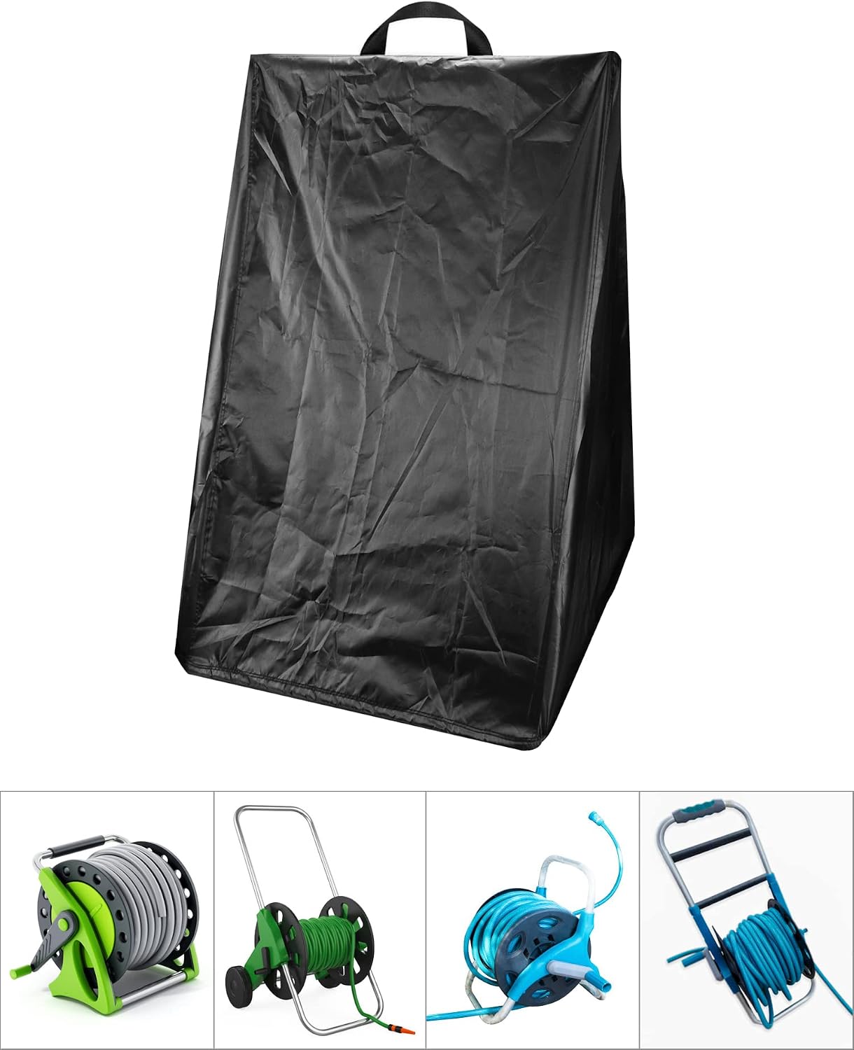 QWORK Garden Hose Reel Cover, Waterproof Free Standing Portable Water Hose Reel 210D Oxford Cloth Outdoor Protective Cover, 25.9" x24.8" x 34.6" for Furniture Veranda Patio Rolling Hose Cart