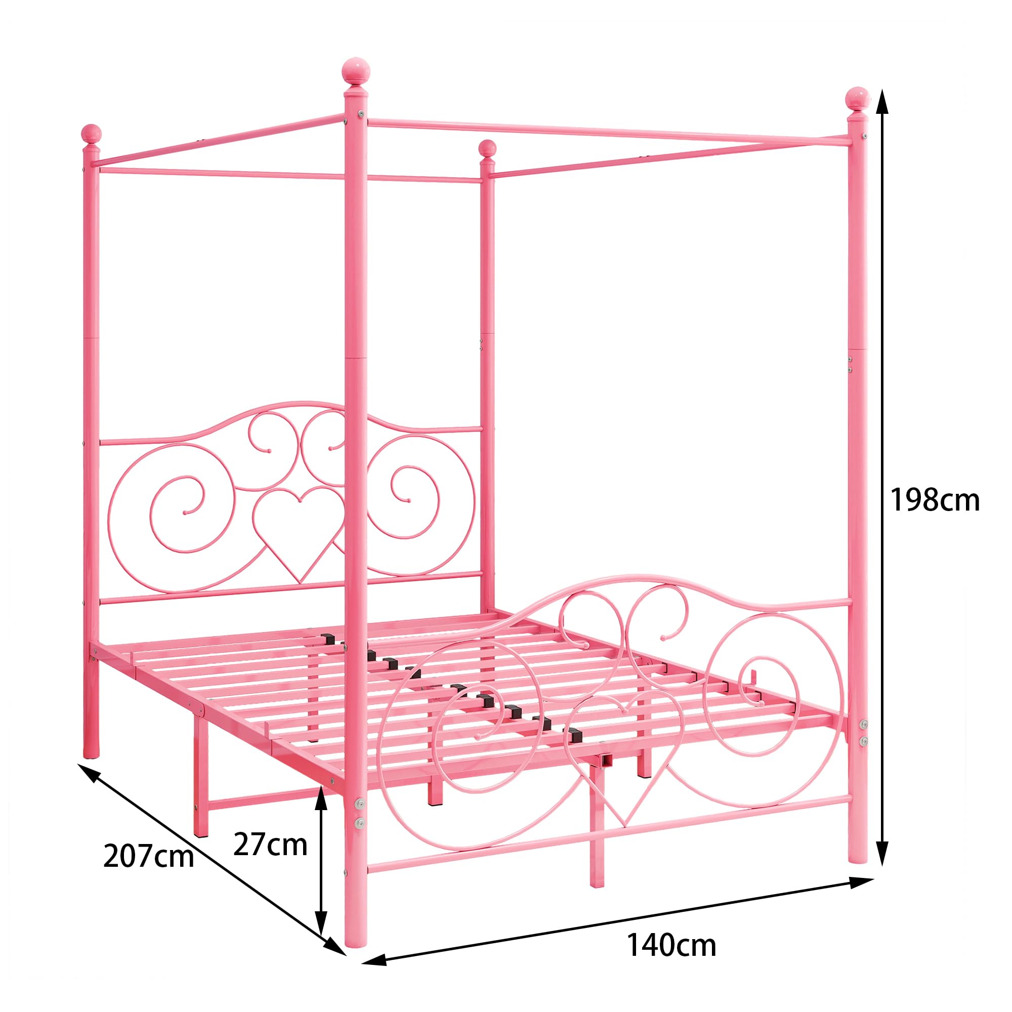 Marco de cama con dosel 140 x 200 cm, metal resistente, listones y soportes de acero, sin muelles, color rosa