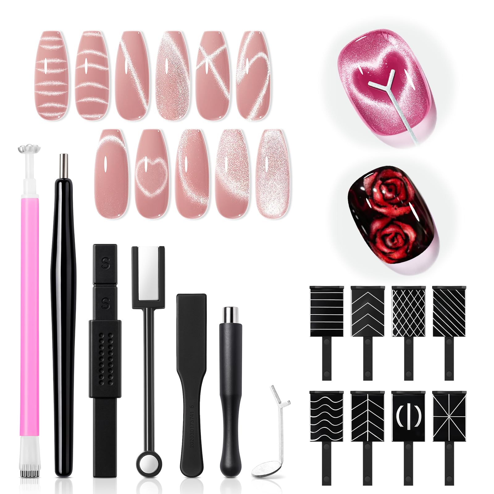 modelones Cat Eye Magnetic for Nails,15PCS Cateye Rose Gel Nail Polish Magnet Tools Powerful Set Wand Magnet Valentine's Love-heart Nail Polish Square Round Magnet Stick Diverse Glassy Cateye Effect