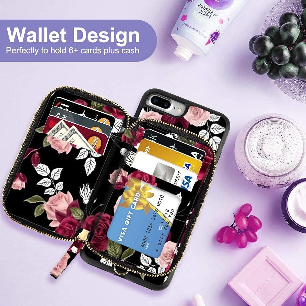 LAMEEKU Wallet Case for iPhone 7 Plus 8 Plus, Flower Pattern Design Zipper Leather Case with Credit Card Holder Slot Wrist Strap, Protective Cover Case for iPhone 7 Plus/8 Plus 5.5''-Rose Flower