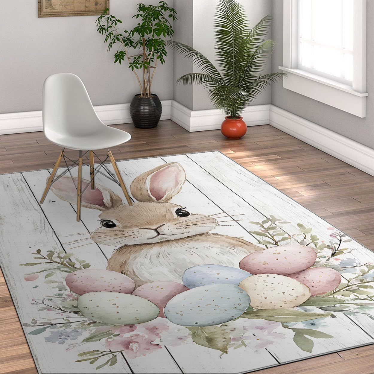 Alfombra de Dibujos Animados de Pascua de Primavera 120x160cm Lavable para Comedor Dormitorio salón Flores de Colores Huevos con Estampado de conejitos Alfombra de Pelo bajo